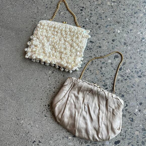 Women's Clutch Champagne Satin Evening Purse Chain Strap Vintage - Picture 1 of 2